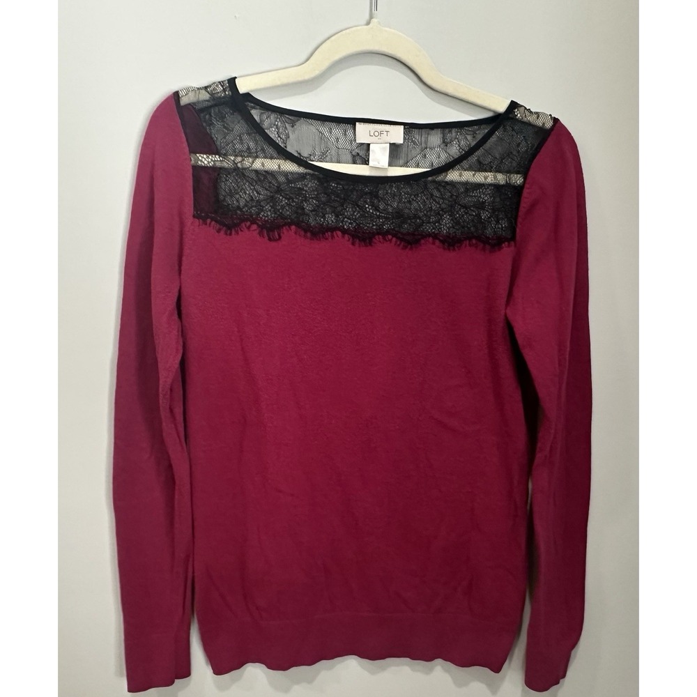 Ann Taylor LOFT  lace Trim Black Burgundy long sleeve‎ sweater Woman's  small